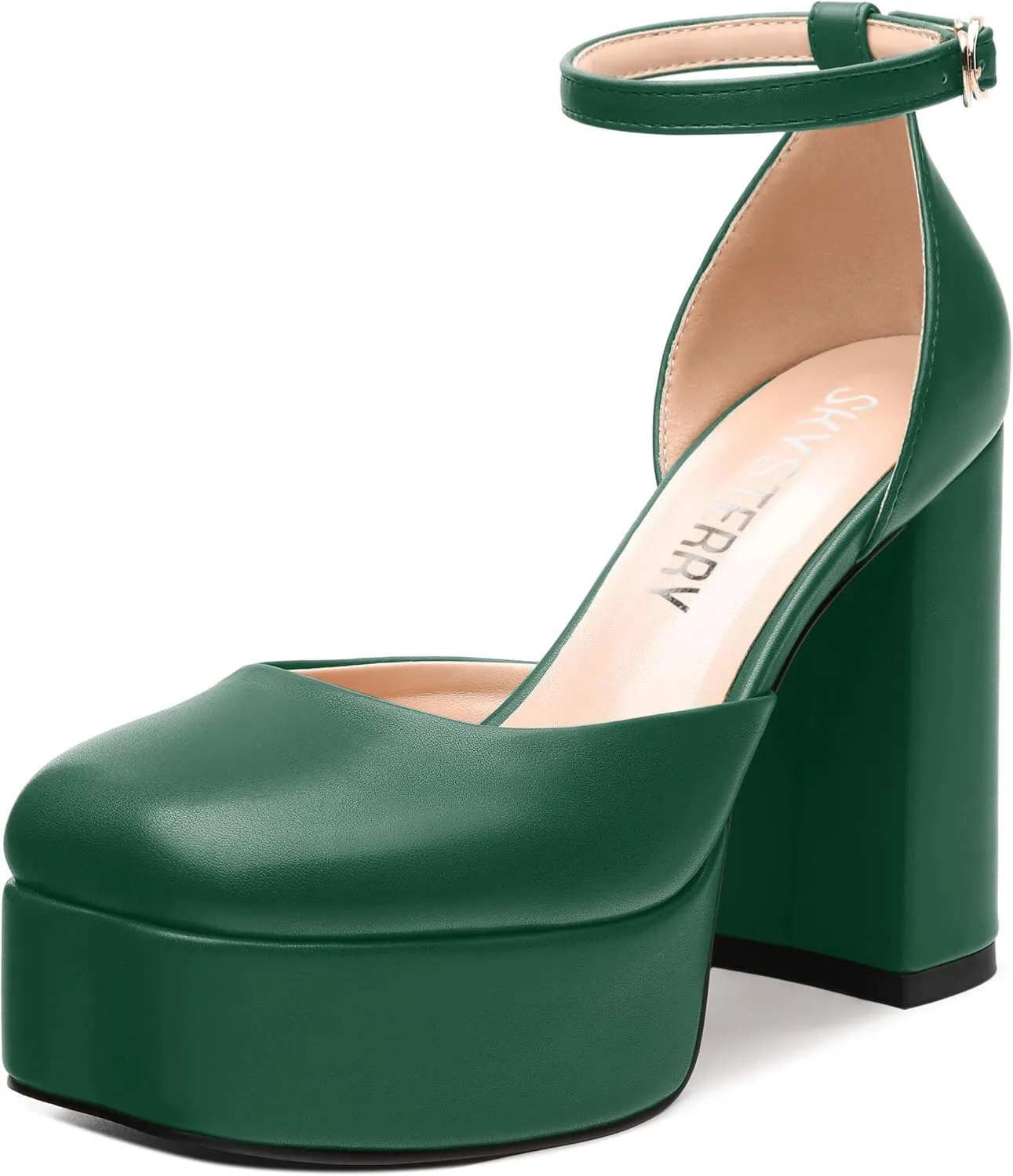 SKYSTERRY Women's Platform Heels 4.3-Inch High Block Chunky Square Closed Toe Pumps Ankle Strap Matte Dress Wedding Party Shoes