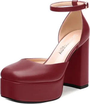 SKYSTERRY Women's Platform Heels 4.3-Inch High Block Chunky Square Closed Toe Pumps Ankle Strap Matte Dress Wedding Party Shoes