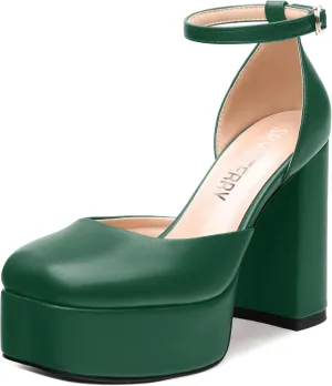 SKYSTERRY Women's Platform Heels 4.3-Inch High Block Chunky Square Closed Toe Pumps Ankle Strap Matte Dress Wedding Party Shoes