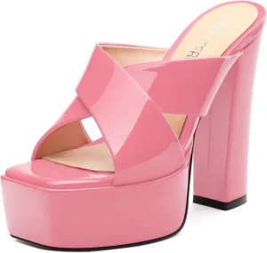SKYSTERRY Women's Platform Heels 5.1-Inch High Chunky Block Wedges Heel Square Open Toe Sandals Patent Comfortable Slip On Cross-Strap Dressy Pumps Shoes