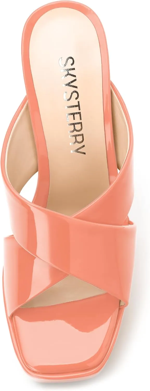 SKYSTERRY Women's Platform Heels 5.1-Inch High Chunky Block Wedges Heel Square Open Toe Sandals Patent Comfortable Slip On Cross-Strap Dressy Pumps Shoes