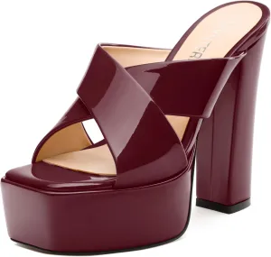 SKYSTERRY Women's Platform Heels 5.1-Inch High Chunky Block Wedges Heel Square Open Toe Sandals Patent Comfortable Slip On Cross-Strap Dressy Pumps Shoes