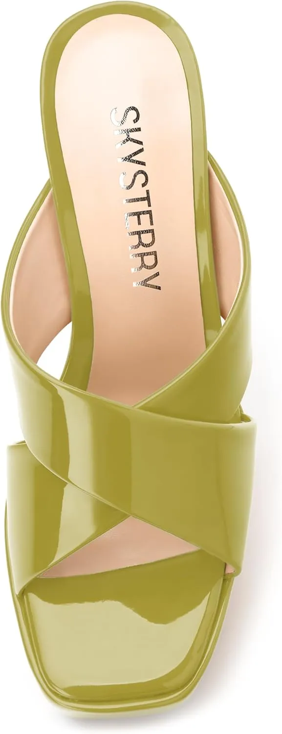 SKYSTERRY Women's Platform Heels 5.1-Inch High Chunky Block Wedges Heel Square Open Toe Sandals Patent Comfortable Slip On Cross-Strap Dressy Pumps Shoes