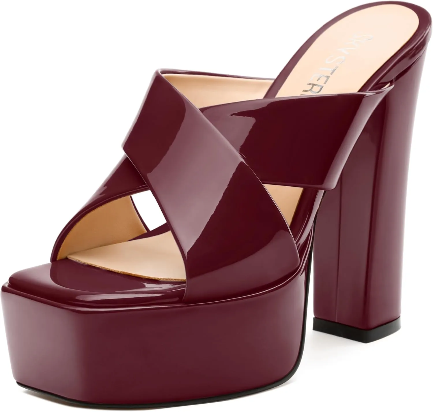 SKYSTERRY Women's Platform Heels 5.1-Inch High Chunky Block Wedges Heel Square Open Toe Sandals Patent Comfortable Slip On Cross-Strap Dressy Pumps Shoes