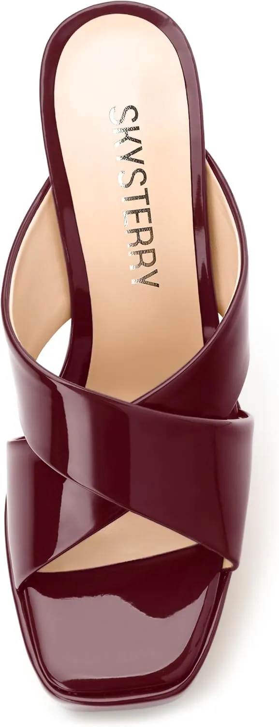 SKYSTERRY Women's Platform Heels 5.1-Inch High Chunky Block Wedges Heel Square Open Toe Sandals Patent Comfortable Slip On Cross-Strap Dressy Pumps Shoes