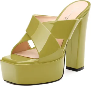 SKYSTERRY Women's Platform Heels 5.1-Inch High Chunky Block Wedges Heel Square Open Toe Sandals Patent Comfortable Slip On Cross-Strap Dressy Pumps Shoes