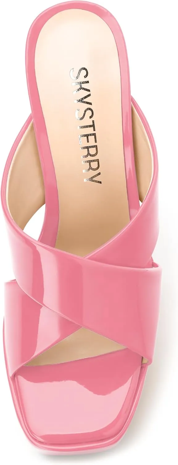 SKYSTERRY Women's Platform Heels 5.1-Inch High Chunky Block Wedges Heel Square Open Toe Sandals Patent Comfortable Slip On Cross-Strap Dressy Pumps Shoes