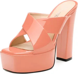 SKYSTERRY Women's Platform Heels 5.1-Inch High Chunky Block Wedges Heel Square Open Toe Sandals Patent Comfortable Slip On Cross-Strap Dressy Pumps Shoes