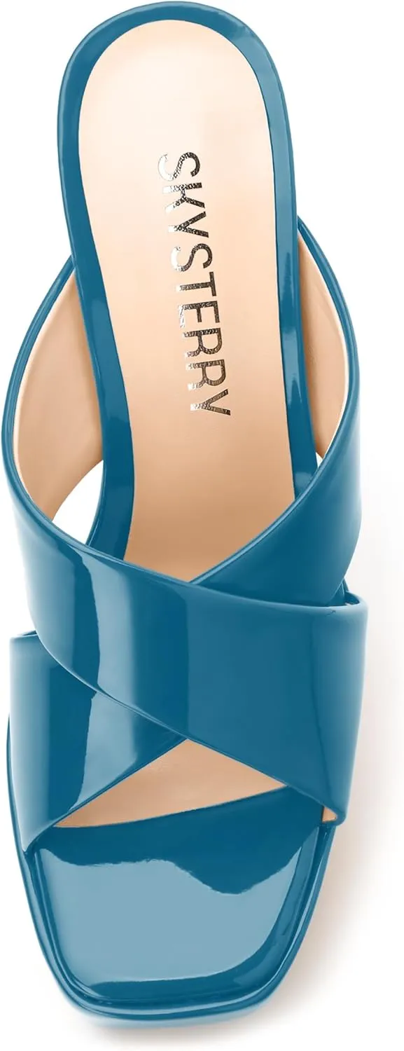 SKYSTERRY Women's Platform Heels 5.1-Inch High Chunky Block Wedges Heel Square Open Toe Sandals Patent Comfortable Slip On Cross-Strap Dressy Pumps Shoes