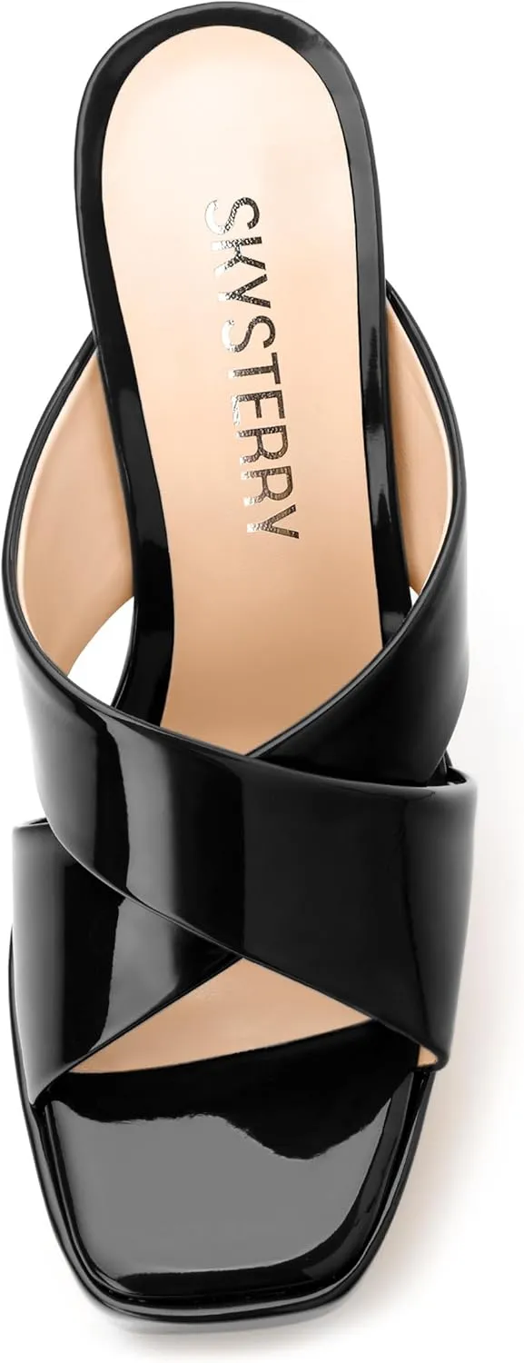 SKYSTERRY Women's Platform Heels 5.1-Inch High Chunky Block Wedges Heel Square Open Toe Sandals Patent Comfortable Slip On Cross-Strap Dressy Pumps Shoes
