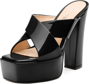 SKYSTERRY Women's Platform Heels 5.1-Inch High Chunky Block Wedges Heel Square Open Toe Sandals Patent Comfortable Slip On Cross-Strap Dressy Pumps Shoes