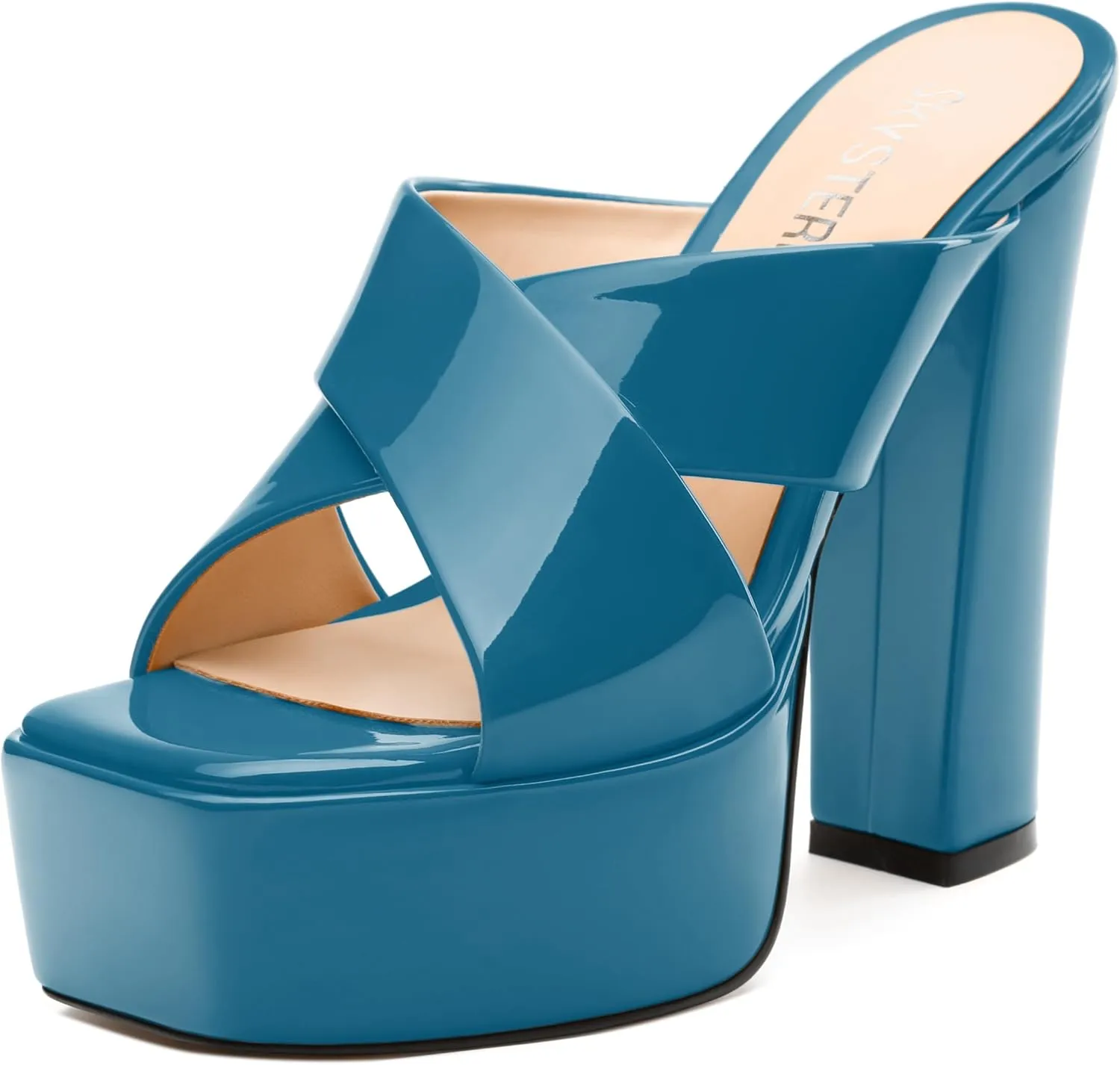 SKYSTERRY Women's Platform Heels 5.1-Inch High Chunky Block Wedges Heel Square Open Toe Sandals Patent Comfortable Slip On Cross-Strap Dressy Pumps Shoes