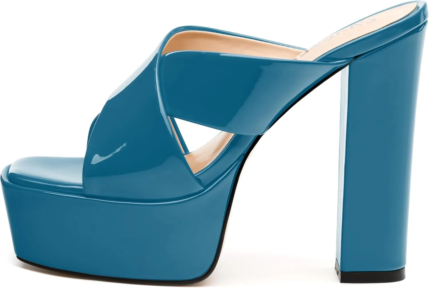 SKYSTERRY Women's Platform Heels 5.1-Inch High Chunky Block Wedges Heel Square Open Toe Sandals Patent Comfortable Slip On Cross-Strap Dressy Pumps Shoes