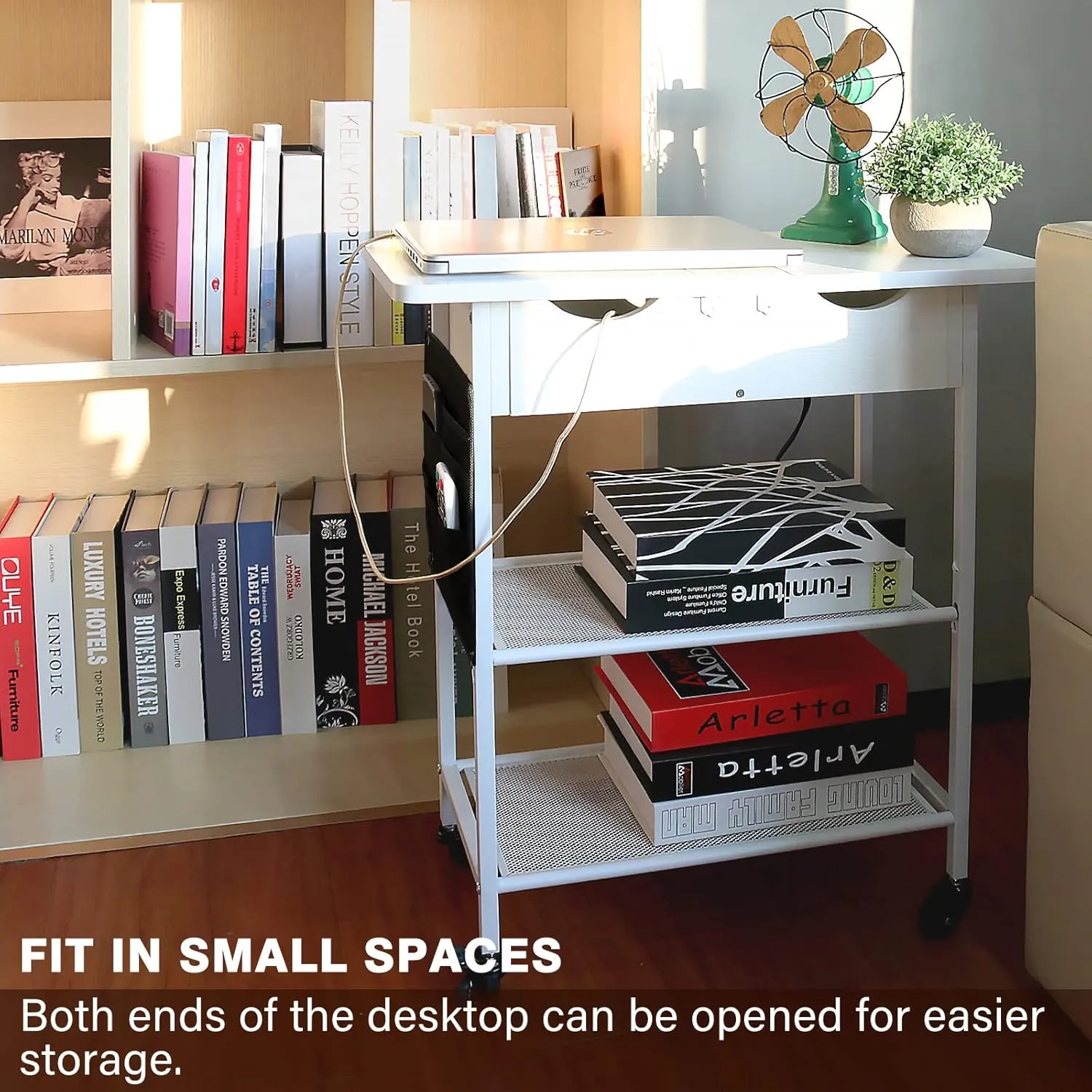 Slim Side Table with Wheels, USB Ports and Outlets, Rolling Narrow End Table with Charging Station and Bag, Flip Top Nightstand with Hidden Storage Shelves for Living Room Bedroom Small Spaces, White