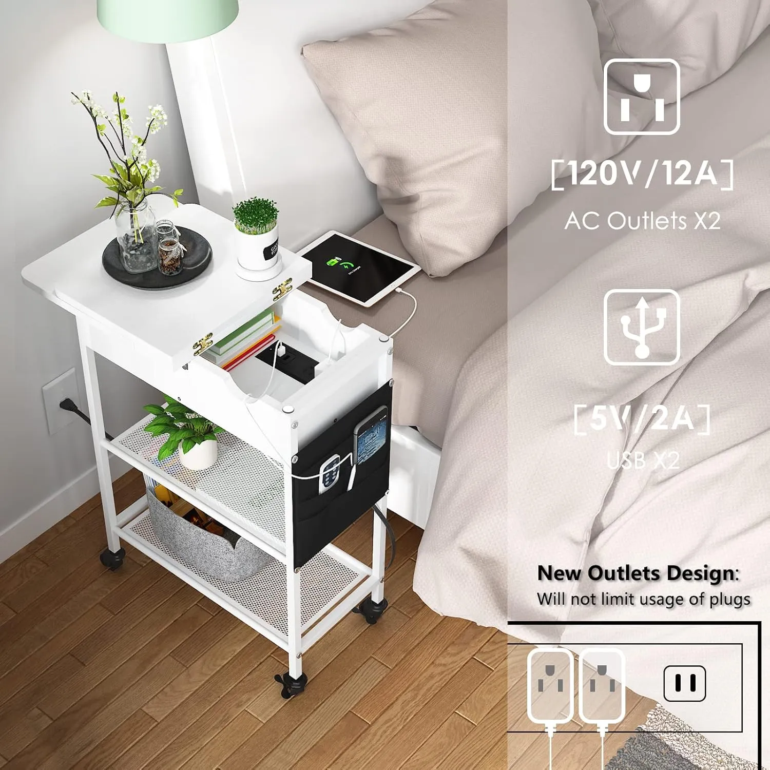 Slim Side Table with Wheels, USB Ports and Outlets, Rolling Narrow End Table with Charging Station and Bag, Flip Top Nightstand with Hidden Storage Shelves for Living Room Bedroom Small Spaces, White