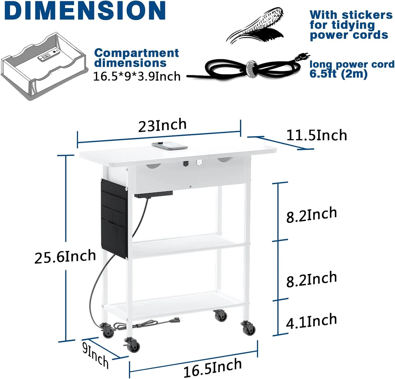 Slim Side Table with Wheels, USB Ports and Outlets, Rolling Narrow End Table with Charging Station and Bag, Flip Top Nightstand with Hidden Storage Shelves for Living Room Bedroom Small Spaces, White