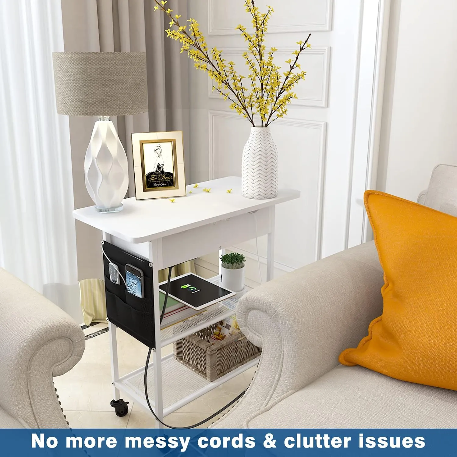 Slim Side Table with Wheels, USB Ports and Outlets, Rolling Narrow End Table with Charging Station and Bag, Flip Top Nightstand with Hidden Storage Shelves for Living Room Bedroom Small Spaces, White