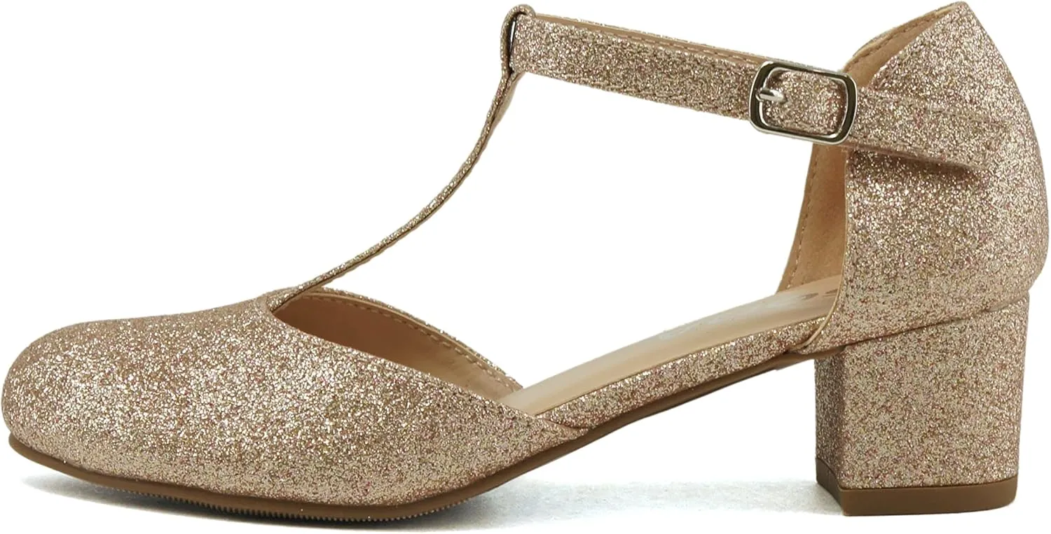 Soda Bluff-2 Kids/Children/Girls Fashion Sparkly Bling Glitter Classic T-Strap Mary Jane Block Heel Rounded Shoes
