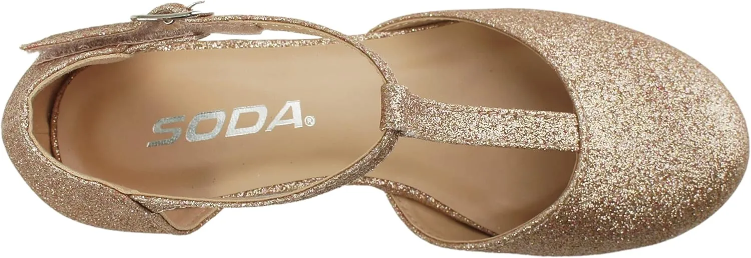 Soda Bluff-2 Kids/Children/Girls Fashion Sparkly Bling Glitter Classic T-Strap Mary Jane Block Heel Rounded Shoes