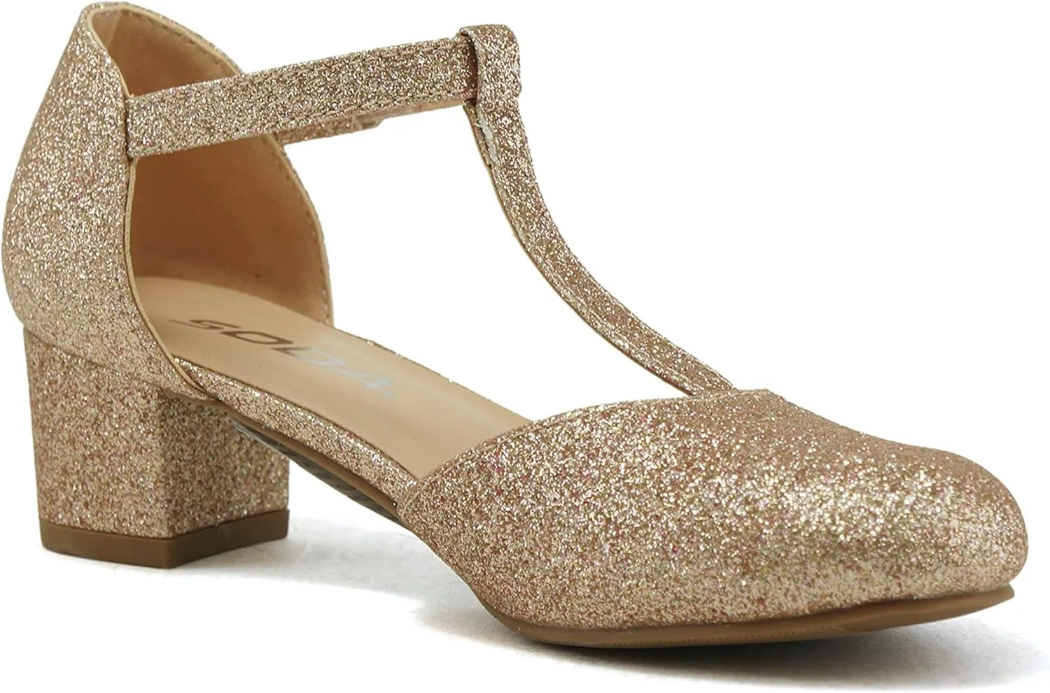 Soda Bluff-2 Kids/Children/Girls Fashion Sparkly Bling Glitter Classic T-Strap Mary Jane Block Heel Rounded Shoes