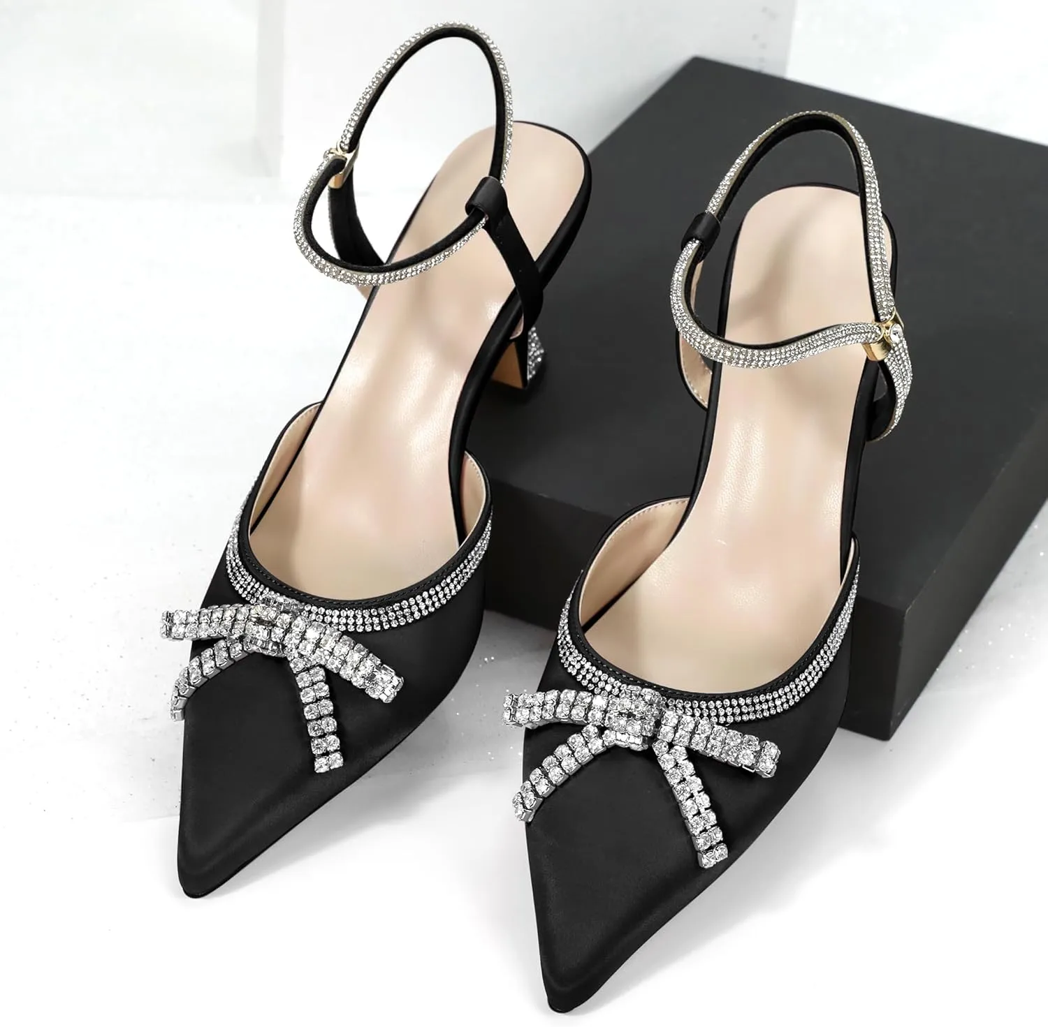 Soireelady Womens Rhinestone Bow Heels Closed Toe Low Kitten Heel Pumps Sparkly Slingback Ankle Strap Pointed Toe Wedding Bridal Dress Shoes 2.5 Inches