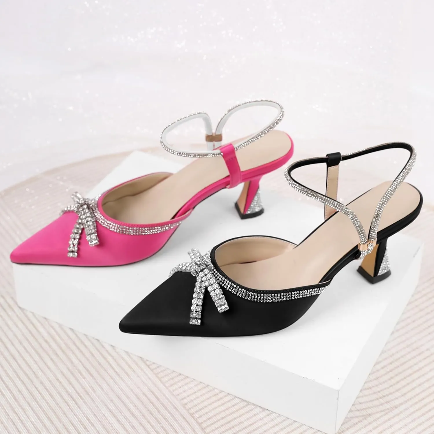 Soireelady Womens Rhinestone Bow Heels Closed Toe Low Kitten Heel Pumps Sparkly Slingback Ankle Strap Pointed Toe Wedding Bridal Dress Shoes 2.5 Inches