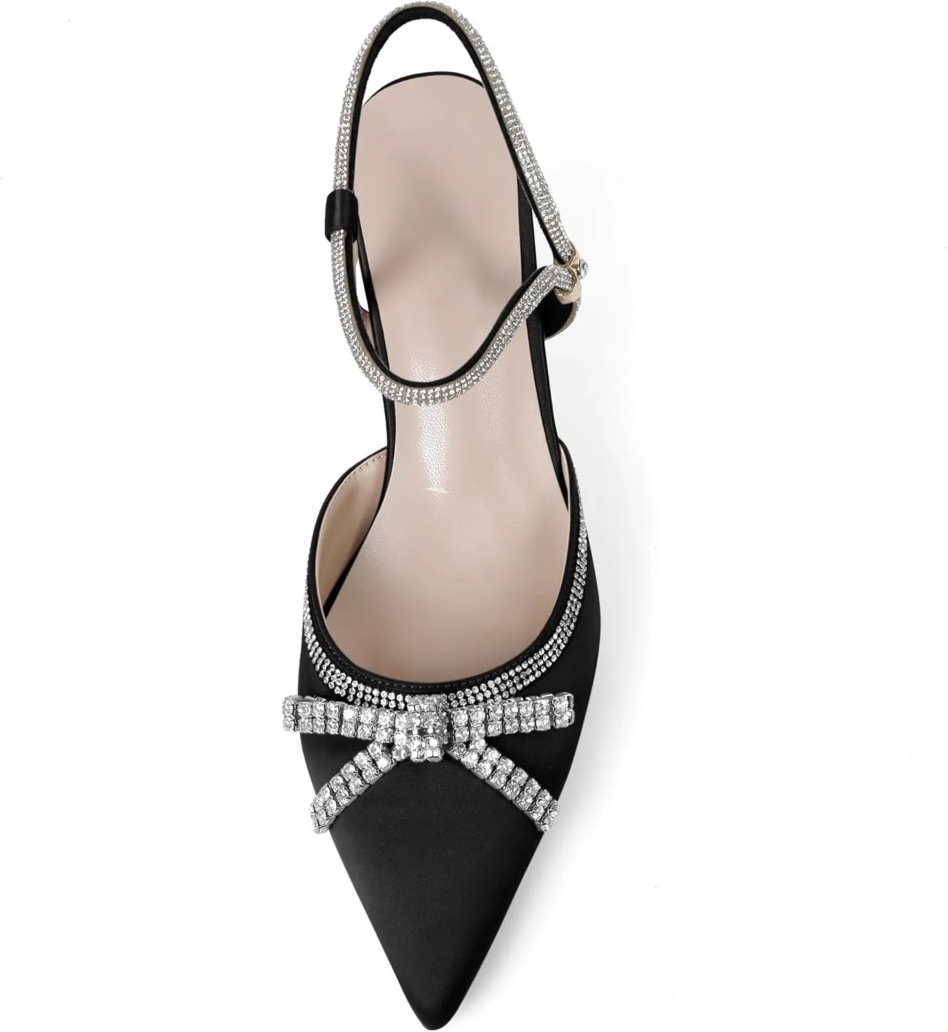 Soireelady Womens Rhinestone Bow Heels Closed Toe Low Kitten Heel Pumps Sparkly Slingback Ankle Strap Pointed Toe Wedding Bridal Dress Shoes 2.5 Inches