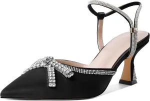 Soireelady Womens Rhinestone Bow Heels Closed Toe Low Kitten Heel Pumps Sparkly Slingback Ankle Strap Pointed Toe Wedding Bridal Dress Shoes 2.5 Inches