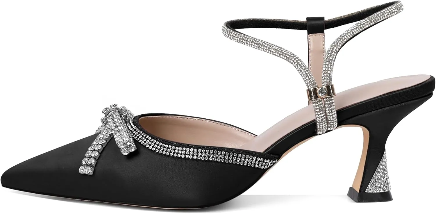Soireelady Womens Rhinestone Bow Heels Closed Toe Low Kitten Heel Pumps Sparkly Slingback Ankle Strap Pointed Toe Wedding Bridal Dress Shoes 2.5 Inches
