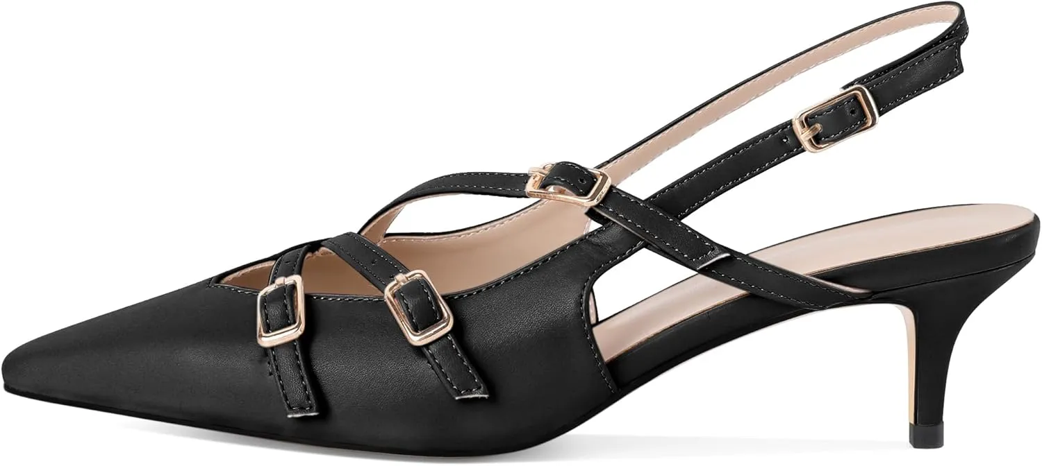 Soireelady Womens Slingback Kitten Heels Closed Pointed Toe Low Heel Pumps with Buckle Straps Fashion Wedding Dress Shoes 2 Inches