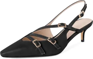 Soireelady Womens Slingback Kitten Heels Closed Pointed Toe Low Heel Pumps with Buckle Straps Fashion Wedding Dress Shoes 2 Inches