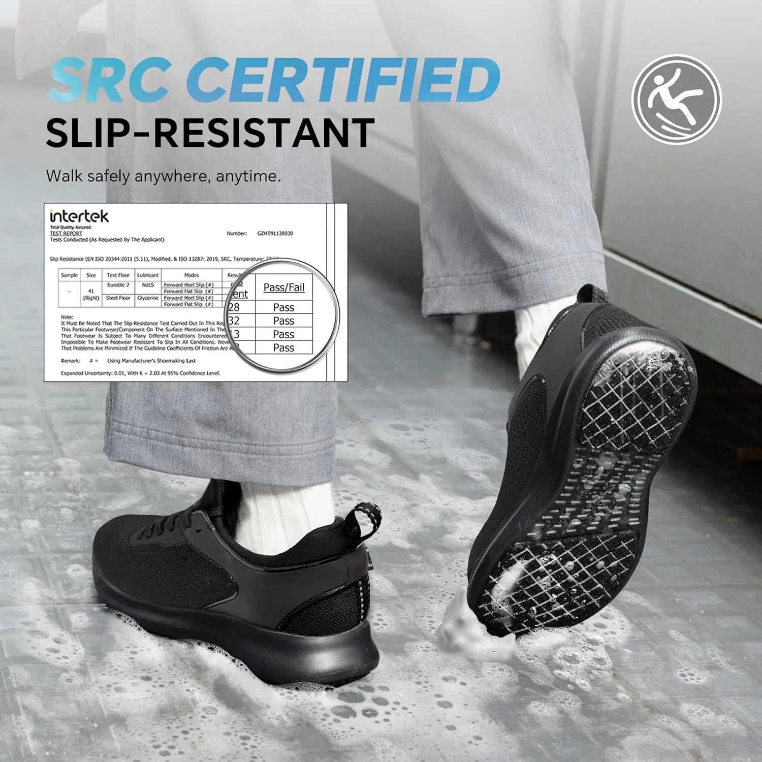 SPIEZ Non-Slip Work Shoes for Men, Waterproof & Oil-Resistant Slip-On Food Service Sneakers, Black, US 7.5-12