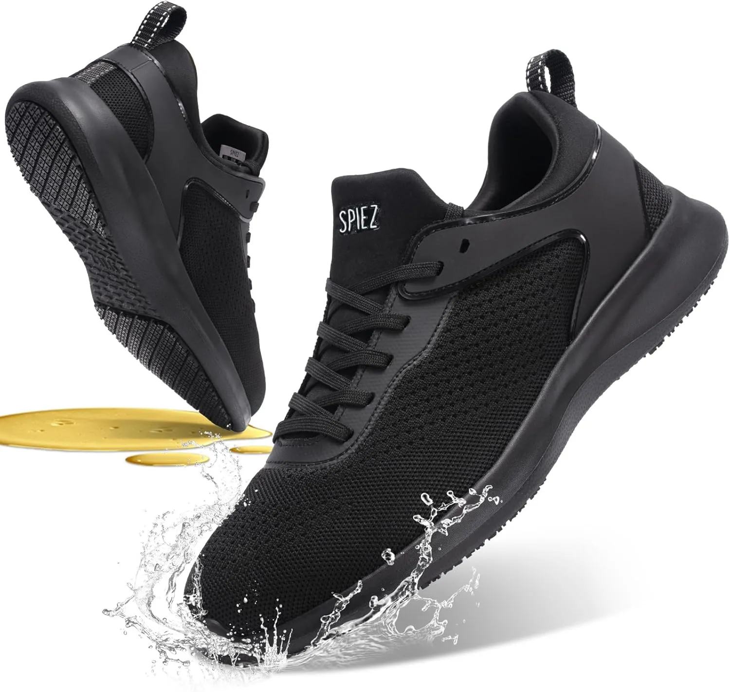SPIEZ Non-Slip Work Shoes for Men, Waterproof & Oil-Resistant Slip-On Food Service Sneakers, Black, US 7.5-12