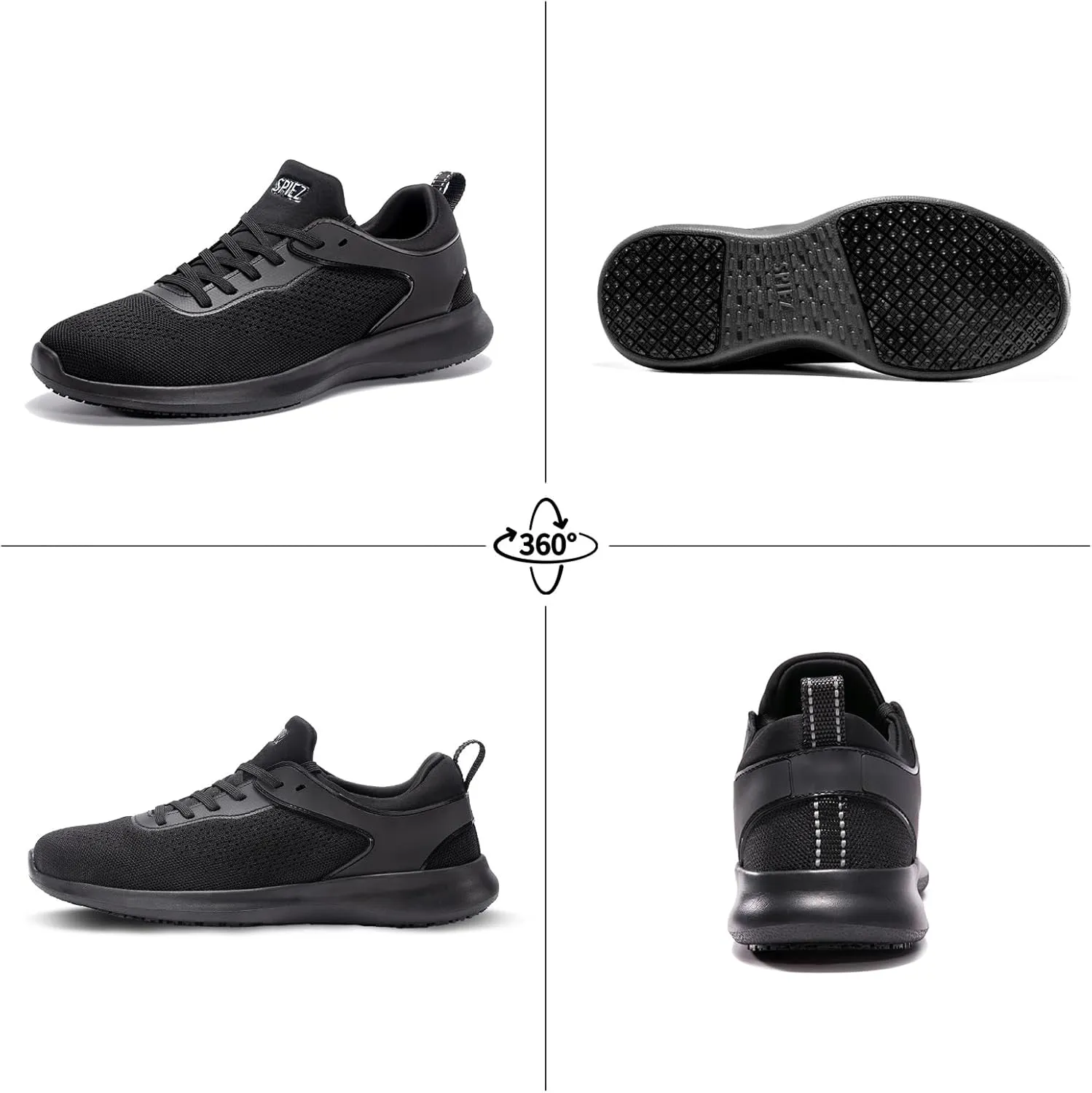 SPIEZ Non-Slip Work Shoes for Men, Waterproof & Oil-Resistant Slip-On Food Service Sneakers, Black, US 7.5-12