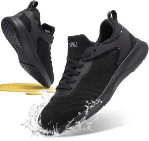 SPIEZ Non-Slip Work Shoes for Men, Waterproof & Oil-Resistant Slip-On Food Service Sneakers, Black, US 7.5-12