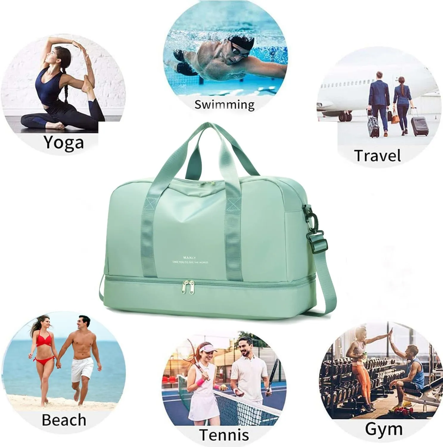 Sports Travel Duffel Bag for Women,Light Gym Bag with Shoe Compartment,Large Capacity Weekender Overnight with Wet Pocket for Lady Travel, Gym, Yoga （Green）