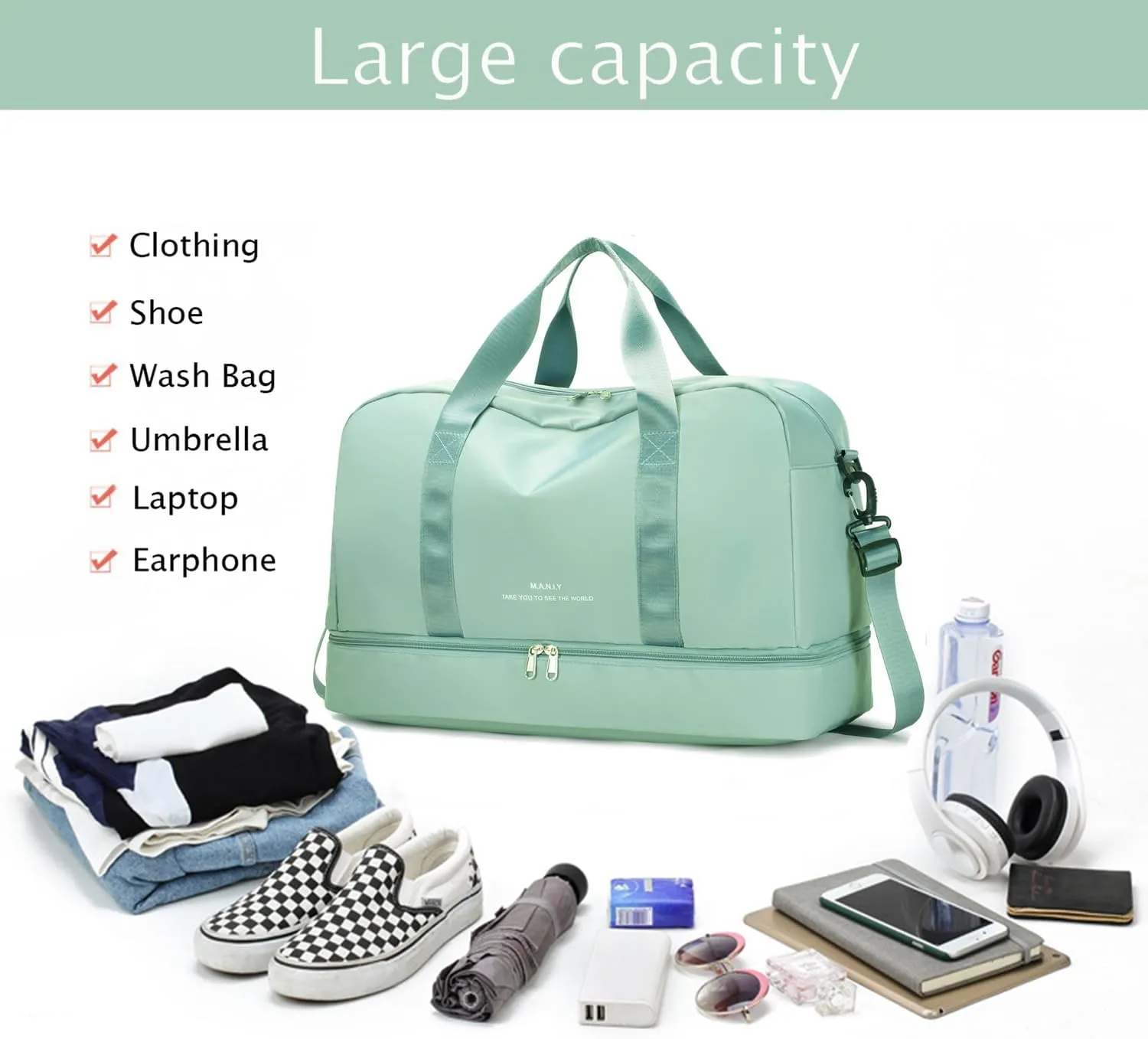 Sports Travel Duffel Bag for Women,Light Gym Bag with Shoe Compartment,Large Capacity Weekender Overnight with Wet Pocket for Lady Travel, Gym, Yoga （Green）