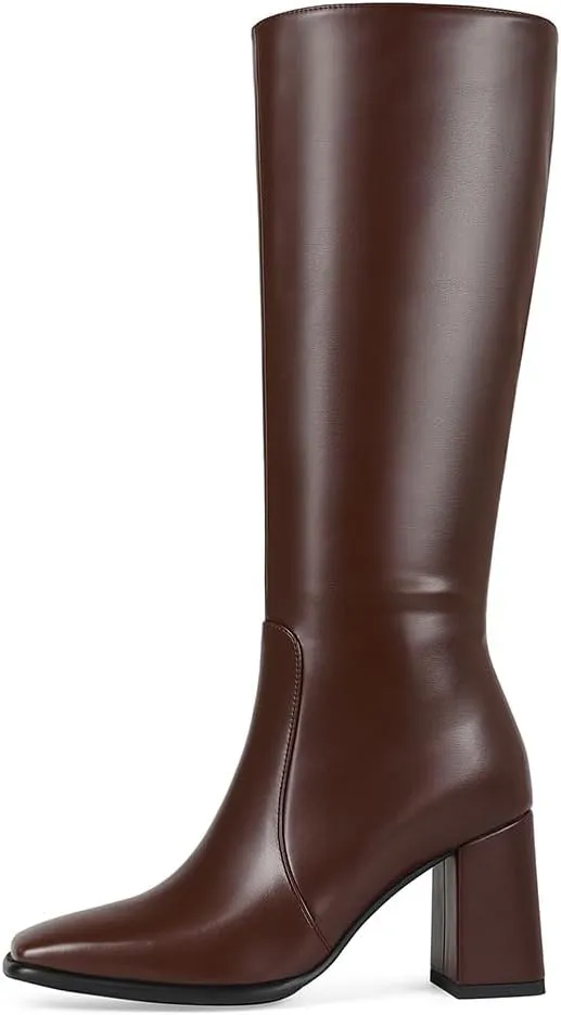 Square Toe Knee High Boots for Women Stylish Tall Boots Chunky Heel Long Boots Crocodile Boots Side Zipper.