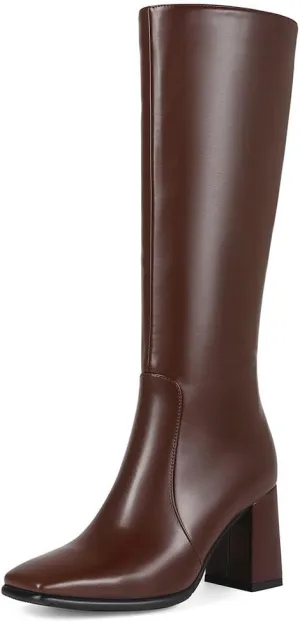 Square Toe Knee High Boots for Women Stylish Tall Boots Chunky Heel Long Boots Crocodile Boots Side Zipper.