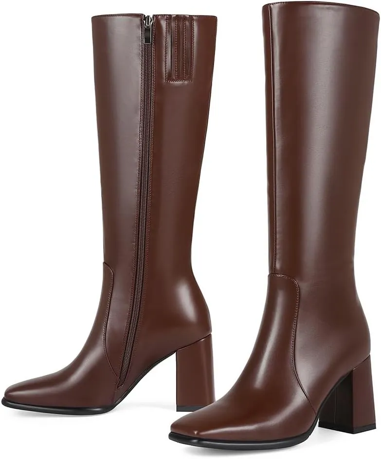 Square Toe Knee High Boots for Women Stylish Tall Boots Chunky Heel Long Boots Crocodile Boots Side Zipper.