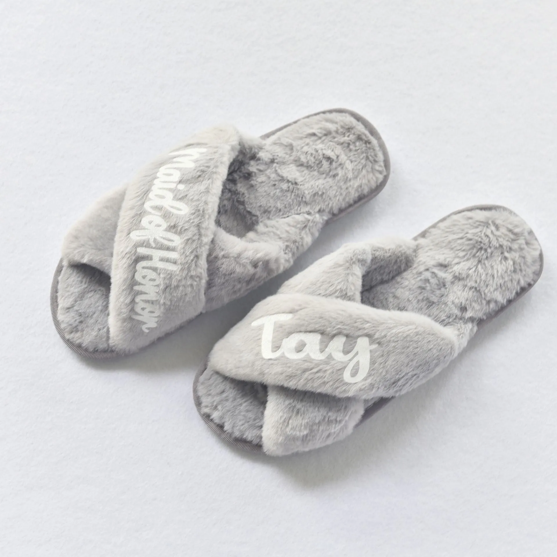 Step into Luxury: Grey Cross-Band Slippers with Custom Name or Title In Grey Size S to L