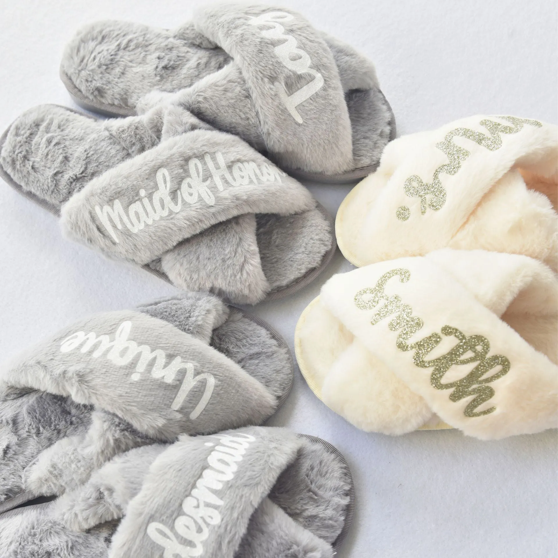 Step into Luxury: Grey Cross-Band Slippers with Custom Name or Title In Grey Size S to L