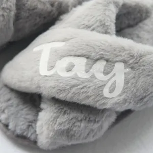 Step into Luxury: Grey Cross-Band Slippers with Custom Name or Title In Grey Size S to L