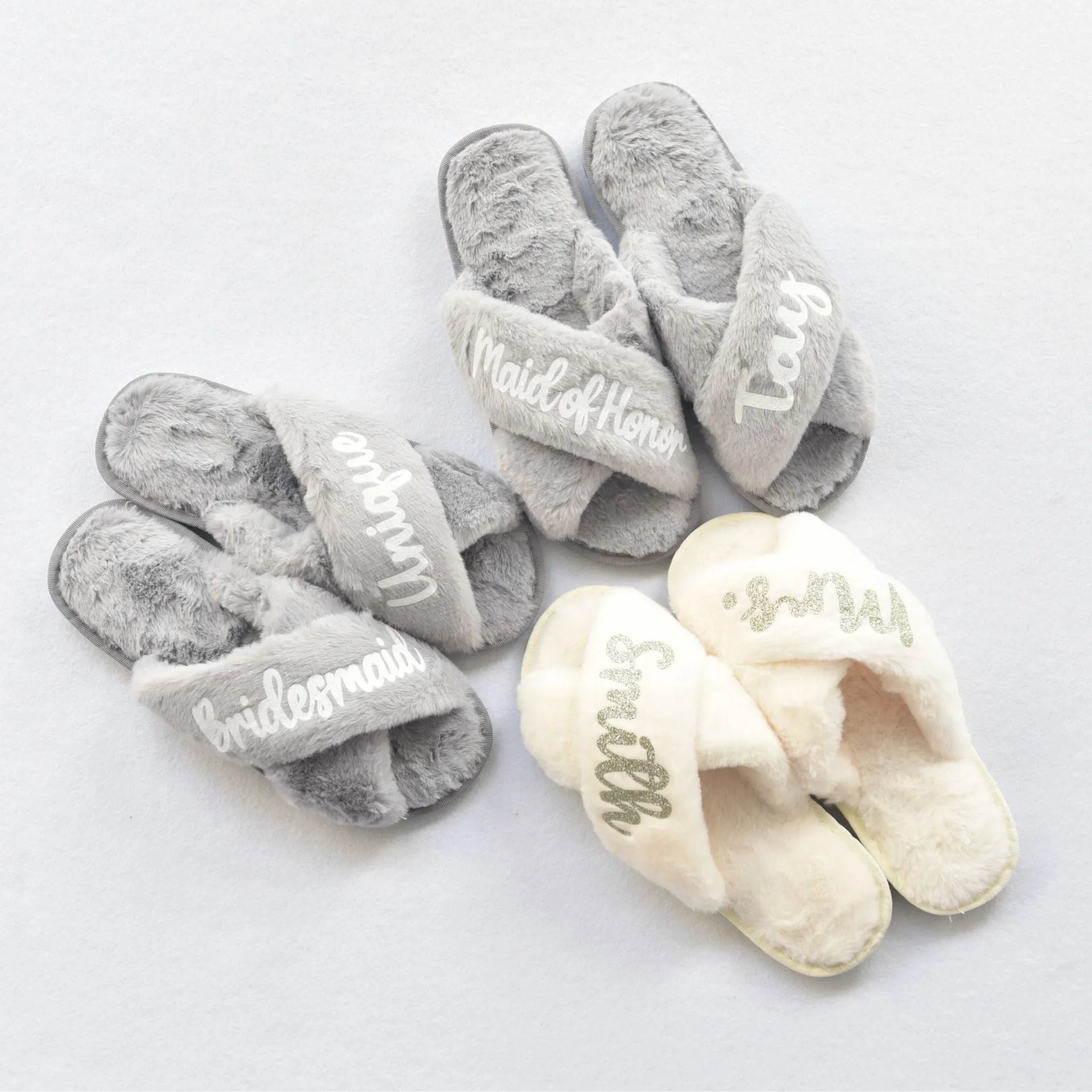 Step into Luxury: Grey Cross-Band Slippers with Custom Name or Title In Grey Size S to L