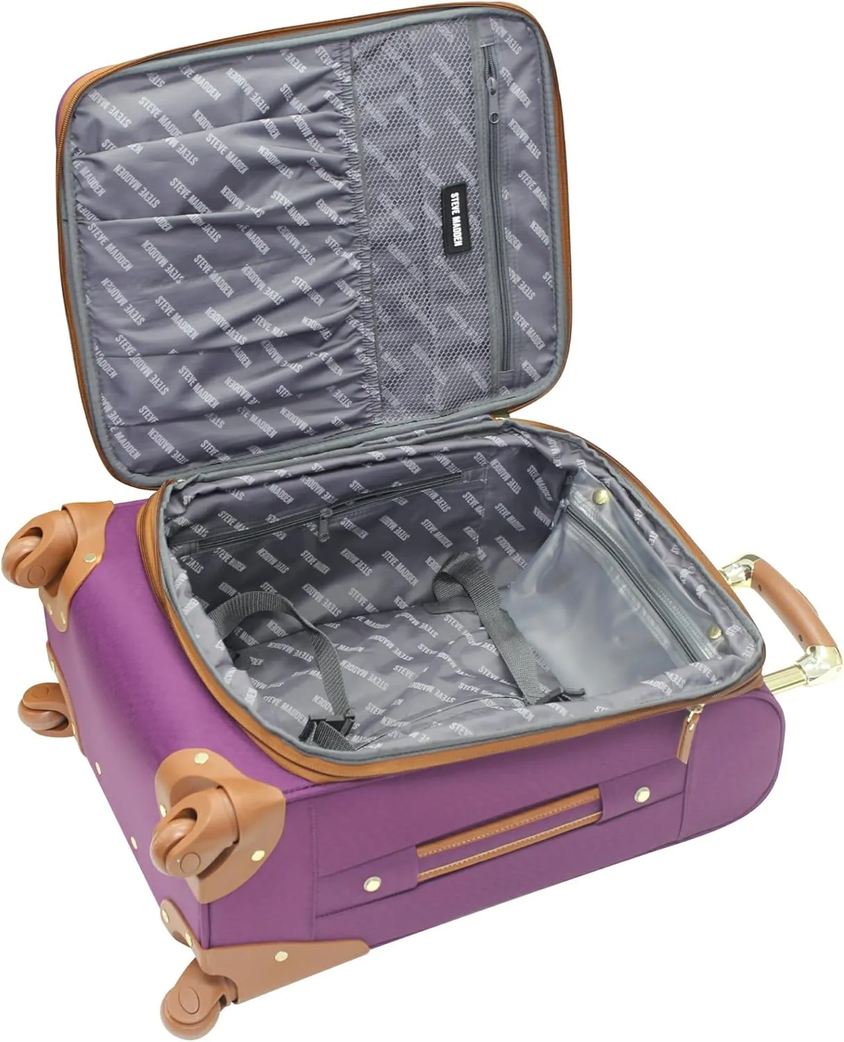 Steve Madden Designer Luggage Collection - Lightweight Softside Expandable Suitcase for Men & Women - Durable 20 Inch Carry On Bag with 4-Rolling Spinner Wheels (Global Purple)