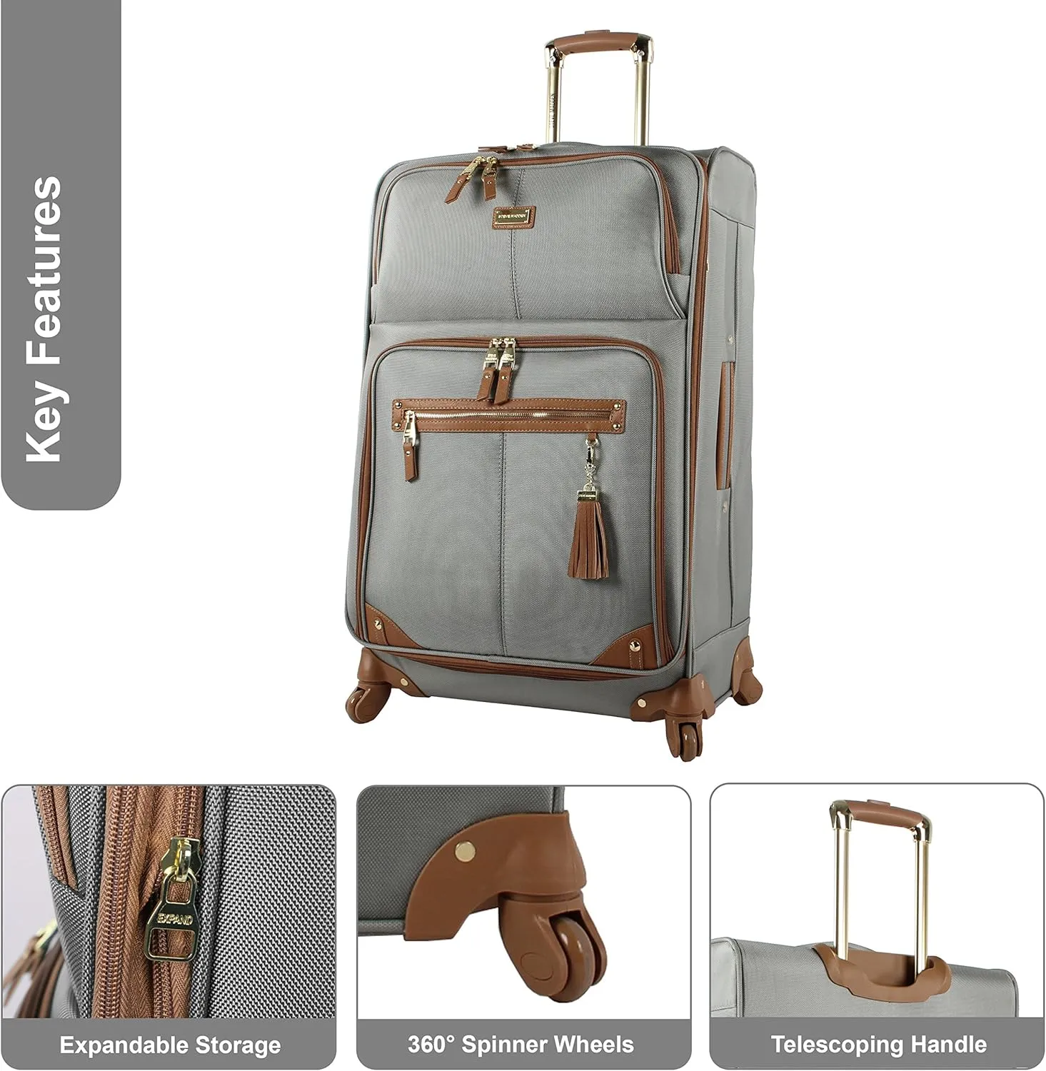 Steve Madden Unisex-Adult (Luggage only) Carry on Bag with Spinner Wheels, Harlo Gray, 21.5 inches