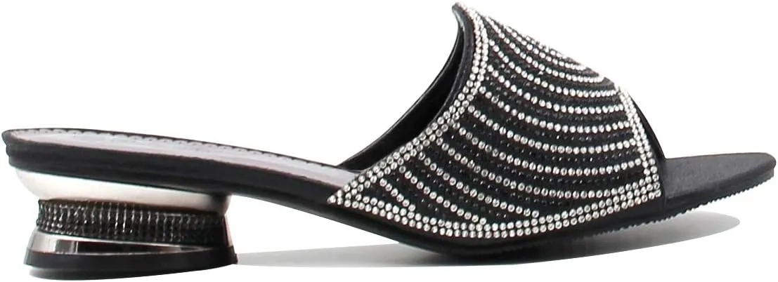 Stylish & Comfort Women Low Heel Fashion Rhinestones Glitter Bling Open Toe Slip On Sandals/Sleepers Disley
