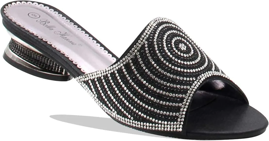 Stylish & Comfort Women Low Heel Fashion Rhinestones Glitter Bling Open Toe Slip On Sandals/Sleepers Disley