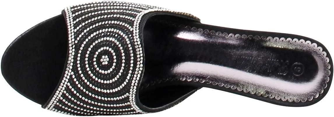 Stylish & Comfort Women Low Heel Fashion Rhinestones Glitter Bling Open Toe Slip On Sandals/Sleepers Disley