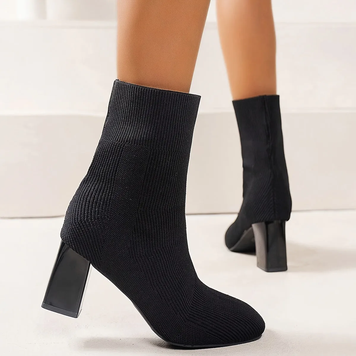 Stylish Knitted Block Heel Boots